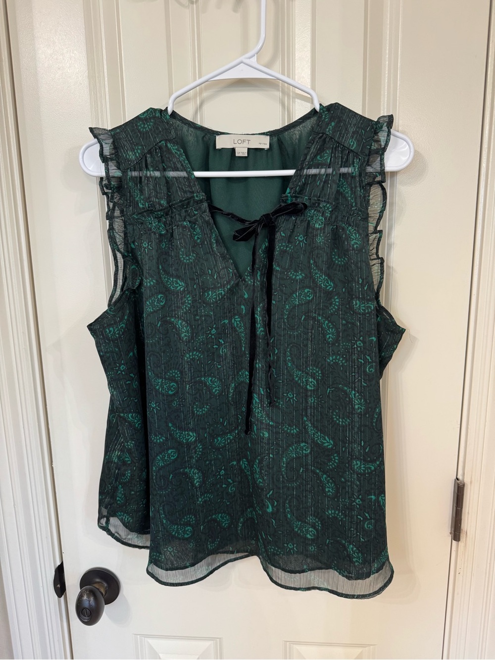 LOFT Dark Green Paisley Ruffle Tie-Neck Sleeveless Top